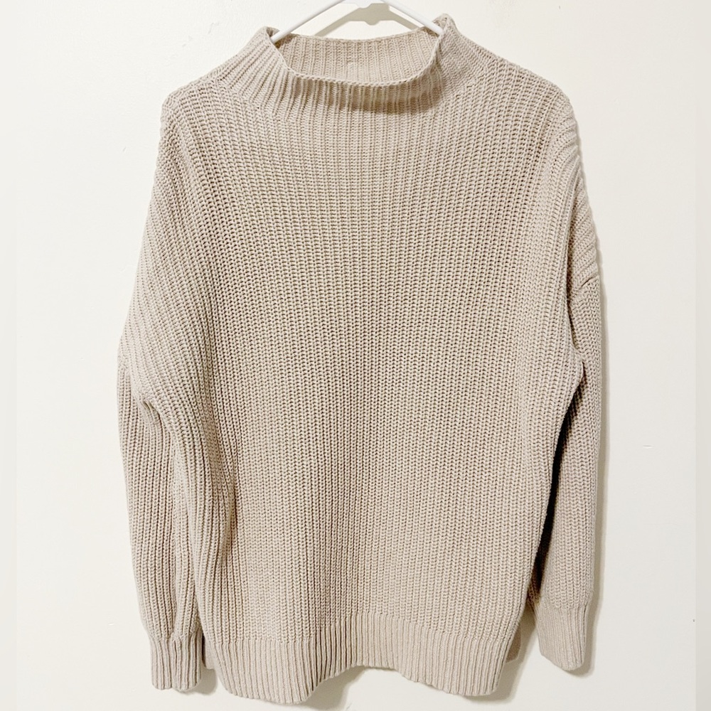 Cupcakes & Cashmere Tan Open Knit Boat Neck Cowl Neck Sweater w/ Side Slits
